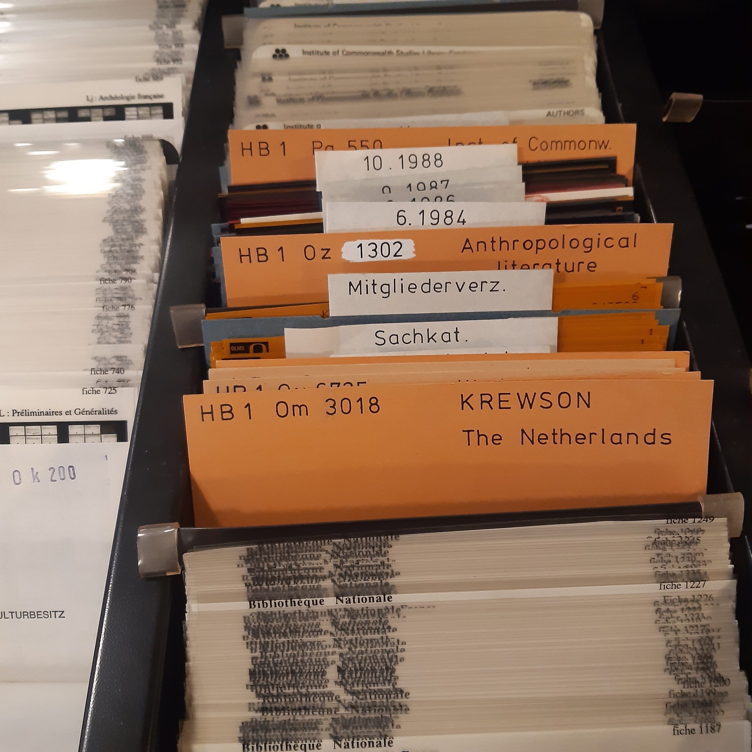 Mikrofiches mit beschrifteten Registerkarten in einer Schublade